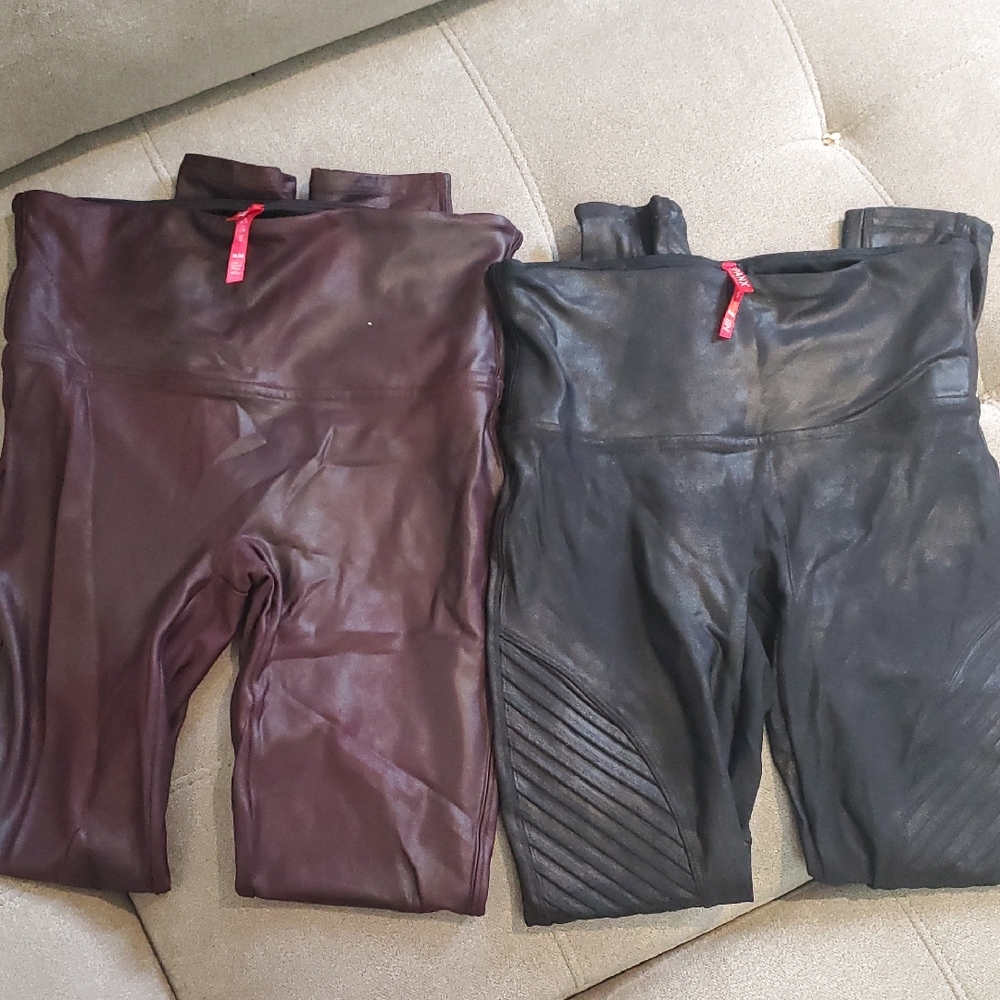 Spanx Black and Burgundy Faux Leather Leggings